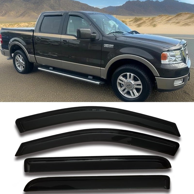 TONOYTIM حراس المطر لنوافذ السيارة، واقيات جانبية، واقيات ظل، واقيات ريح لسيارة فورد F150 سوبر كرو/كرو كاب 2004-2008، تناسب أيضاً لينكولن مارك LT 2006-2008، واقي شمس للسيارة، مجموعة 4 قطع 94443 - Image 1